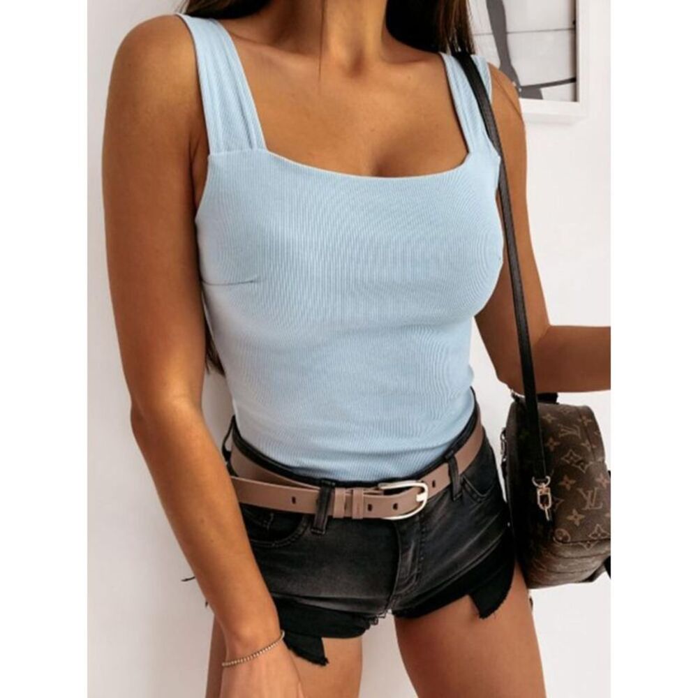 Everyday the Label Ribbed Square Neck Tank Top Women Light Blue Tanks &